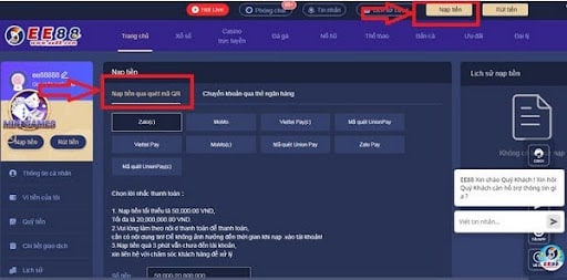Nạp tiền EE88 qua mã QR của ngân hàng